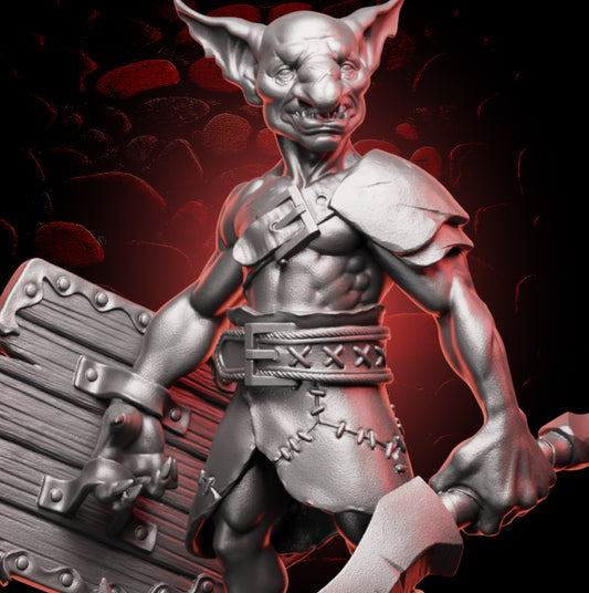3d close of resin model of a small evil goblin grinning and holding a shield and sword. Wearing leather clothing.