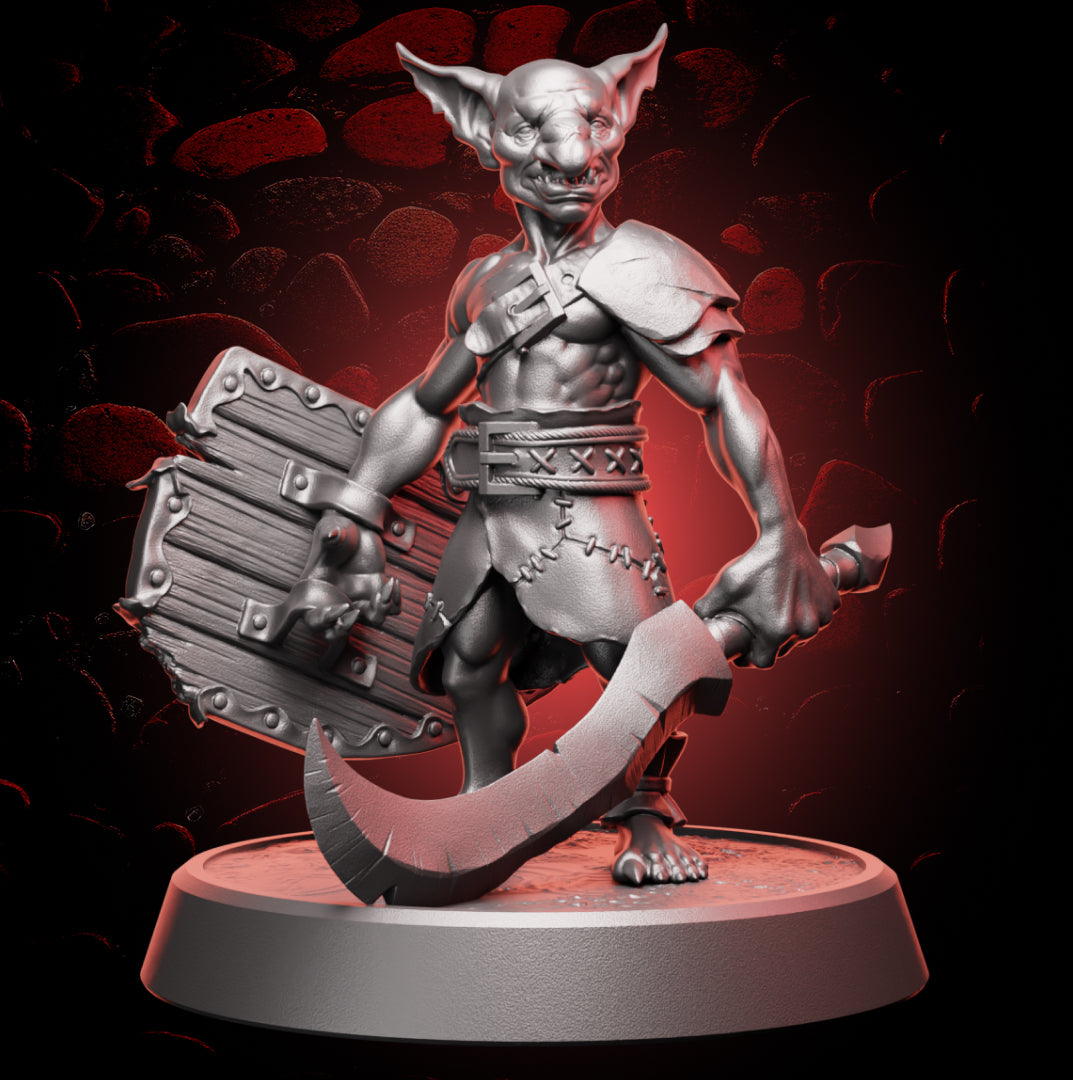 Goblin warrior figurine with armor and weapons on a dark background