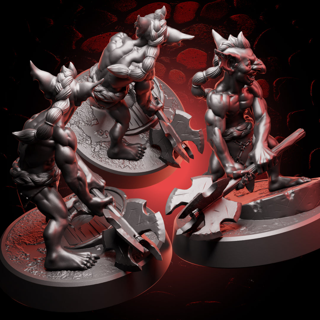 Back view of Goblin Fighter Warband miniatures showcasing detailed hair, textures, and weapons.