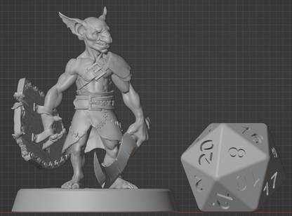 Goblin Fighter miniature with sword shown next to a standard D20 dice for scale reference (medium-sized mini).