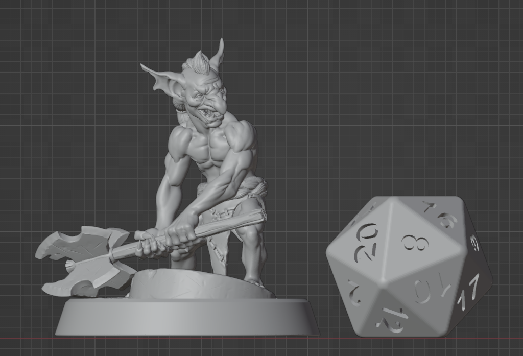 Goblin Fighter miniature shown next to a standard D20 dice for scale reference (medium-sized mini).