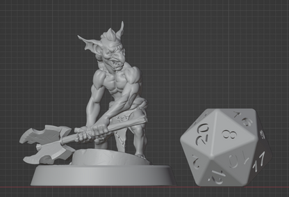 Goblin Fighter miniature shown next to a standard D20 dice for scale reference (medium-sized mini).