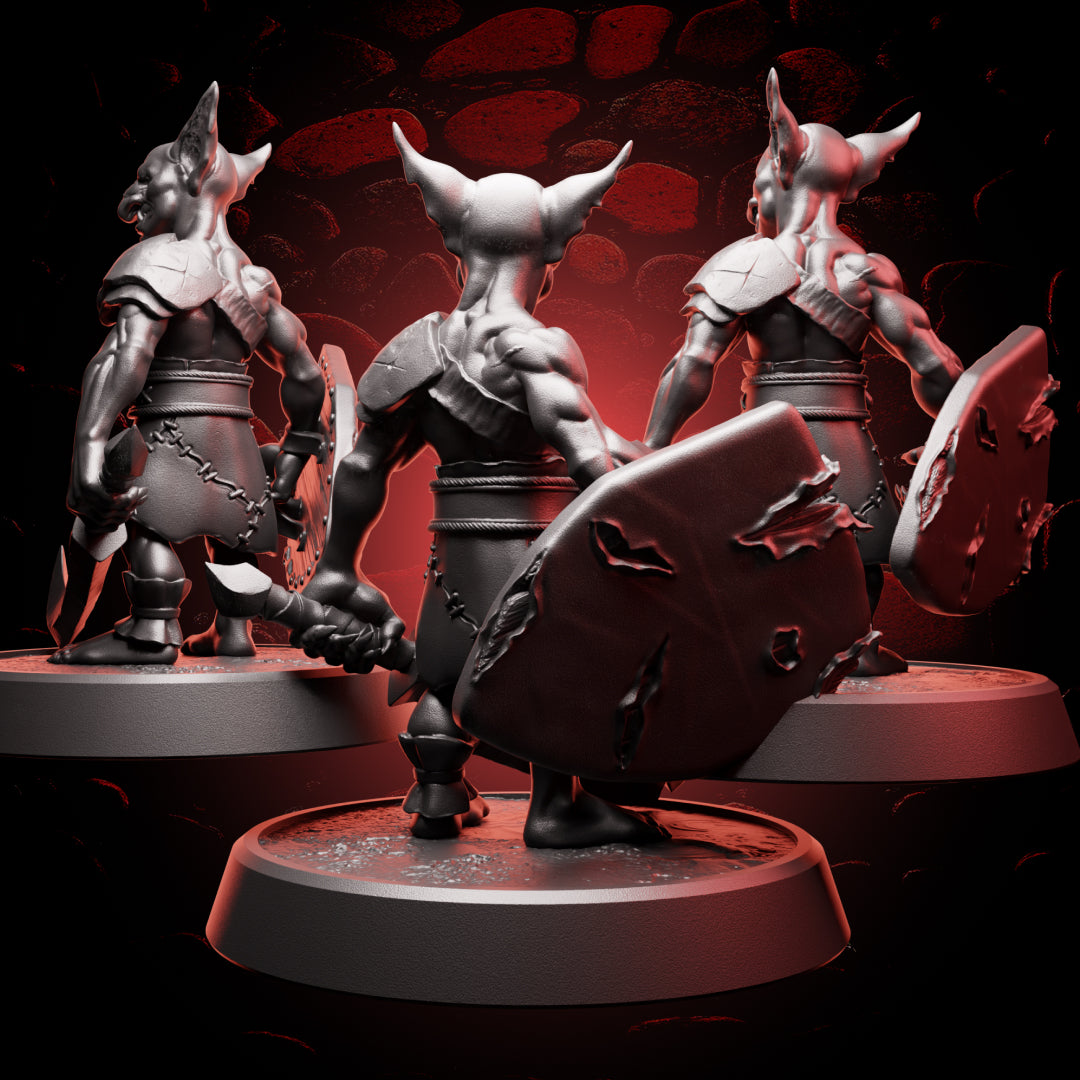 Back view of Goblin Fighter Warband miniatures with swords and shields