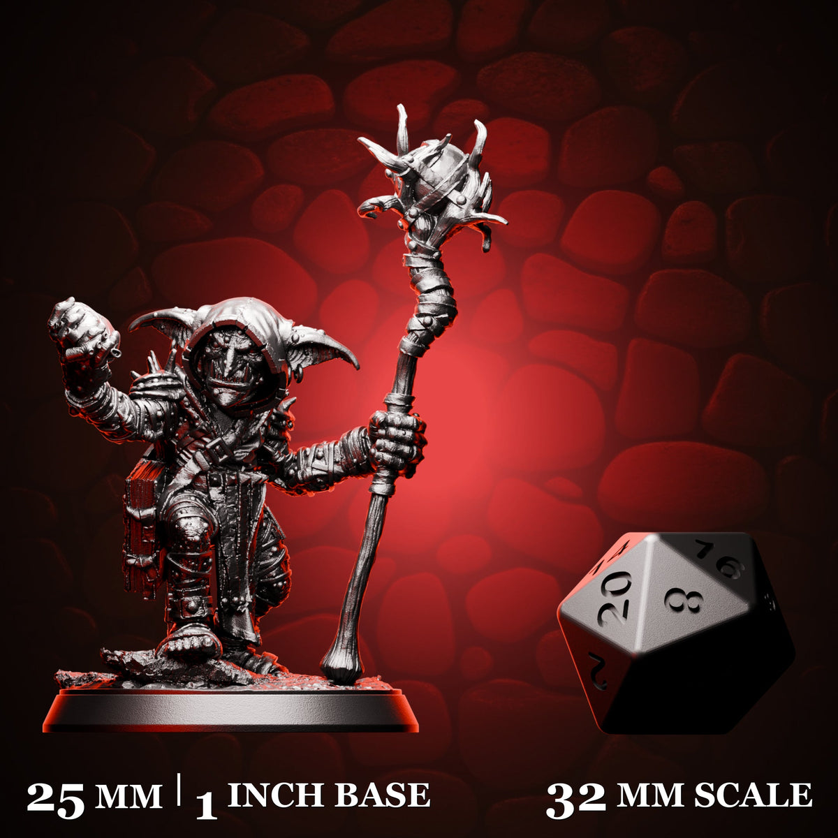 Goblin Wizard shown beside a d20 for scale