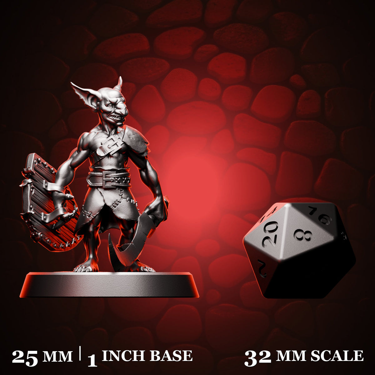 Goblin Fighter - Sword & Shield | Medium (1in) shown beside a d20 for scale