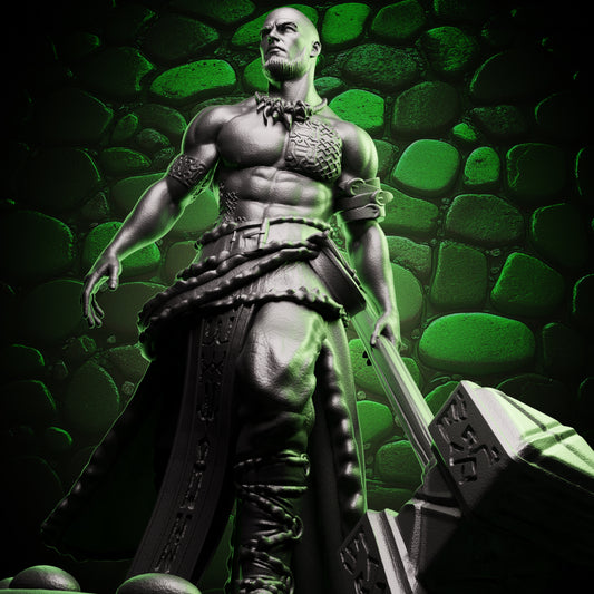 Close-up of the Goliath Barbarian’s upper body and face, highlighting his intense expression, bald head, and the intricate textures of his chest armor and necklace.