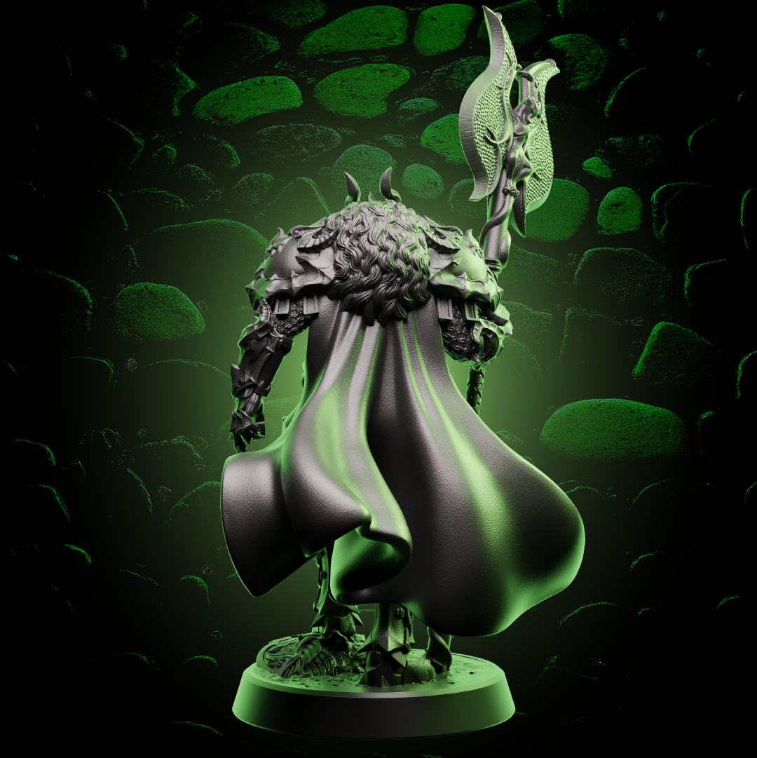 Back view of Goliath Paladin miniature showcasing a flowing cape, sculpted armor, and celestial weapon detail. | Helios Tabletop
