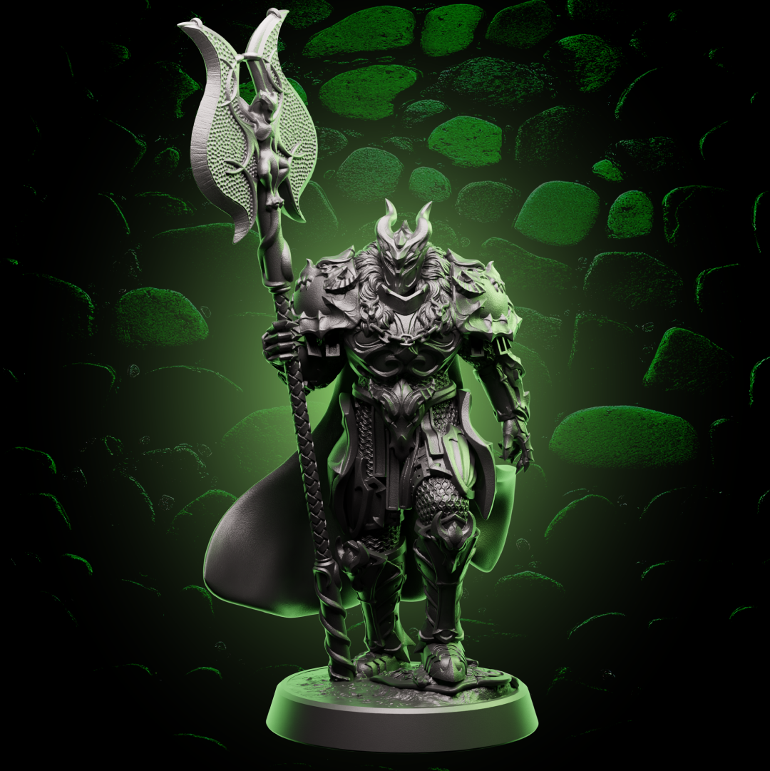 Front view of Goliath Paladin miniature in detailed plate armor holding a divine halberd, perfect for 32mm TTRPG encounters. | Helios Tabletop