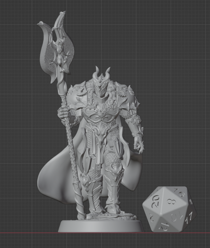 Goliath Paladin miniature with halberd shown next to a D20 for scale, compatible with 32mm fantasy roleplaying games. | Helios Tabletop