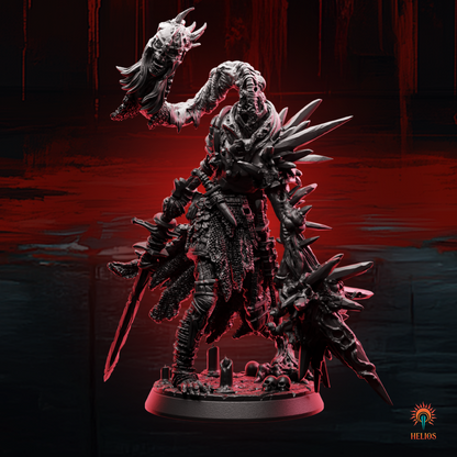 Front view of the February 2025 Mythic Box sanguified guard miniature, showing its imposing stance, detailed armor, and menacing weapons.