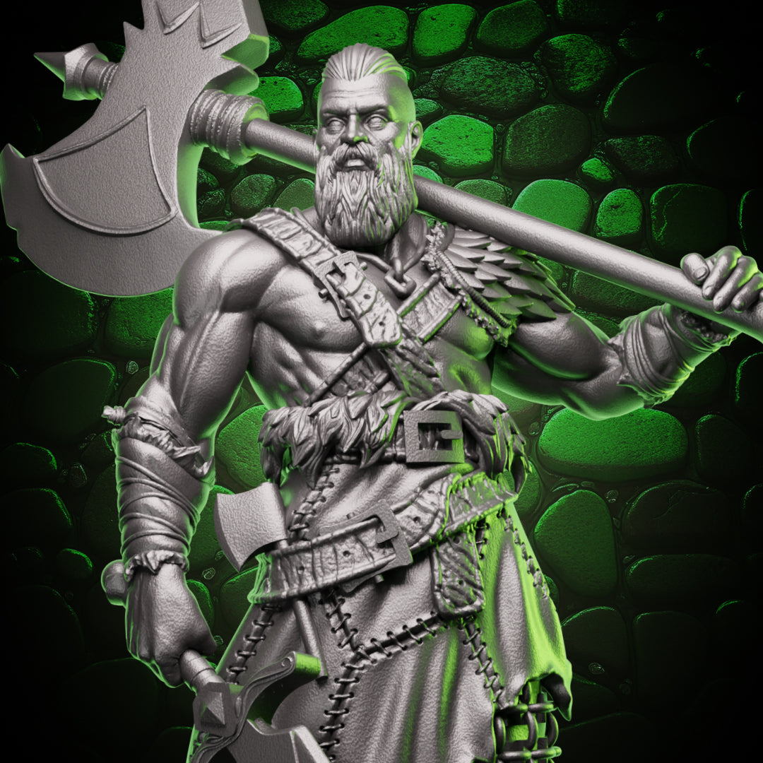 Figure of a warrior holding an axe against a green and black background