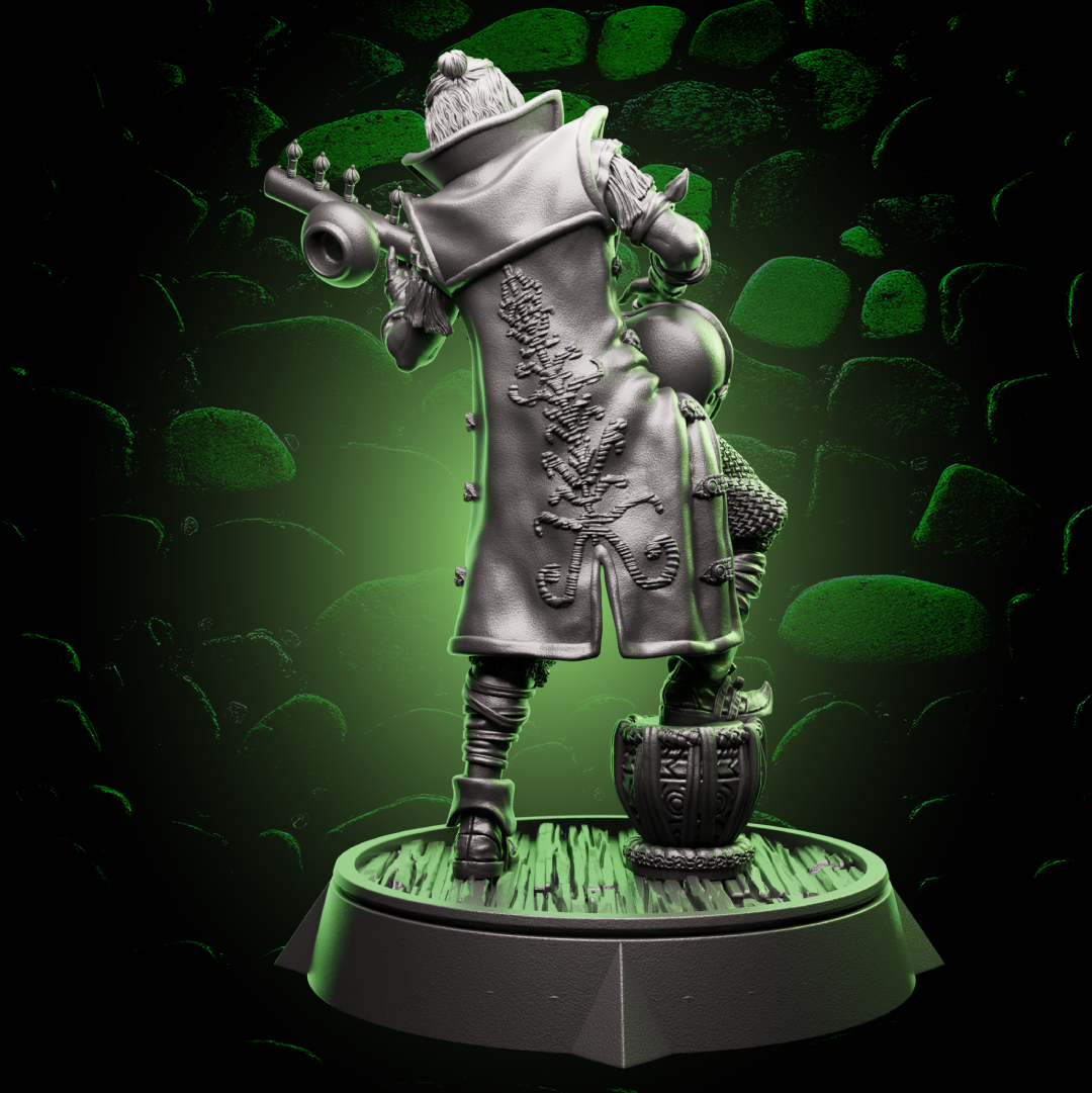 Back view of Human Bard miniature showing cloak detail, instrument back, and gear for fantasy roleplaying games. | Helios Tabletop
