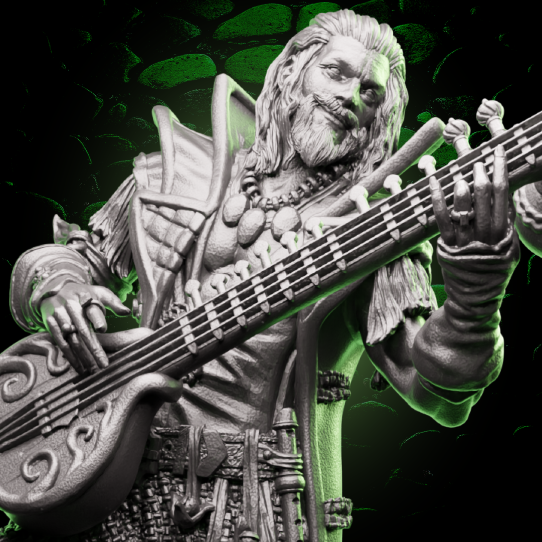 Human Bard miniature playing a cittern with one foot on a drum, ideal for charismatic characters in fantasy tabletop RPGs. | Helios Tabletop
