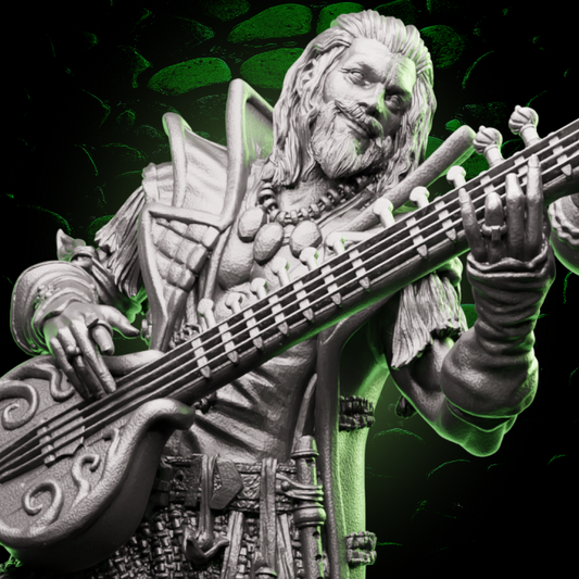 Human Bard miniature playing a cittern with one foot on a drum, ideal for charismatic characters in fantasy tabletop RPGs. | Helios Tabletop