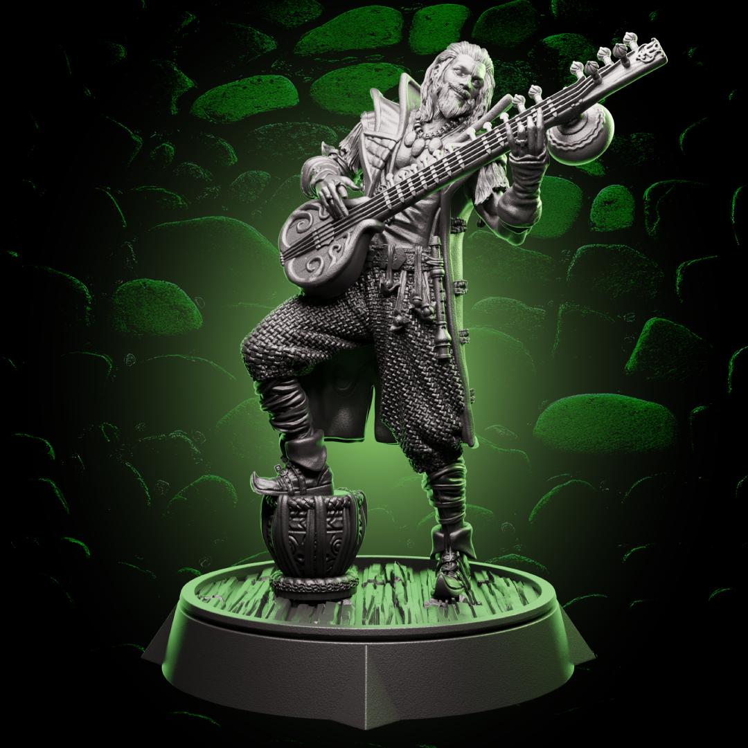 Front view of Human Bard miniature strumming a cittern, wearing detailed clothing and posed mid-performance. | Helios Tabletop