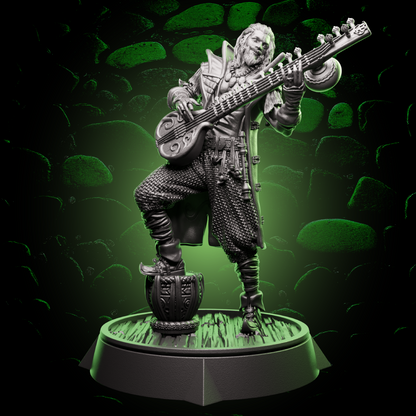 Front view of Human Bard miniature strumming a cittern, wearing detailed clothing and posed mid-performance. | Helios Tabletop