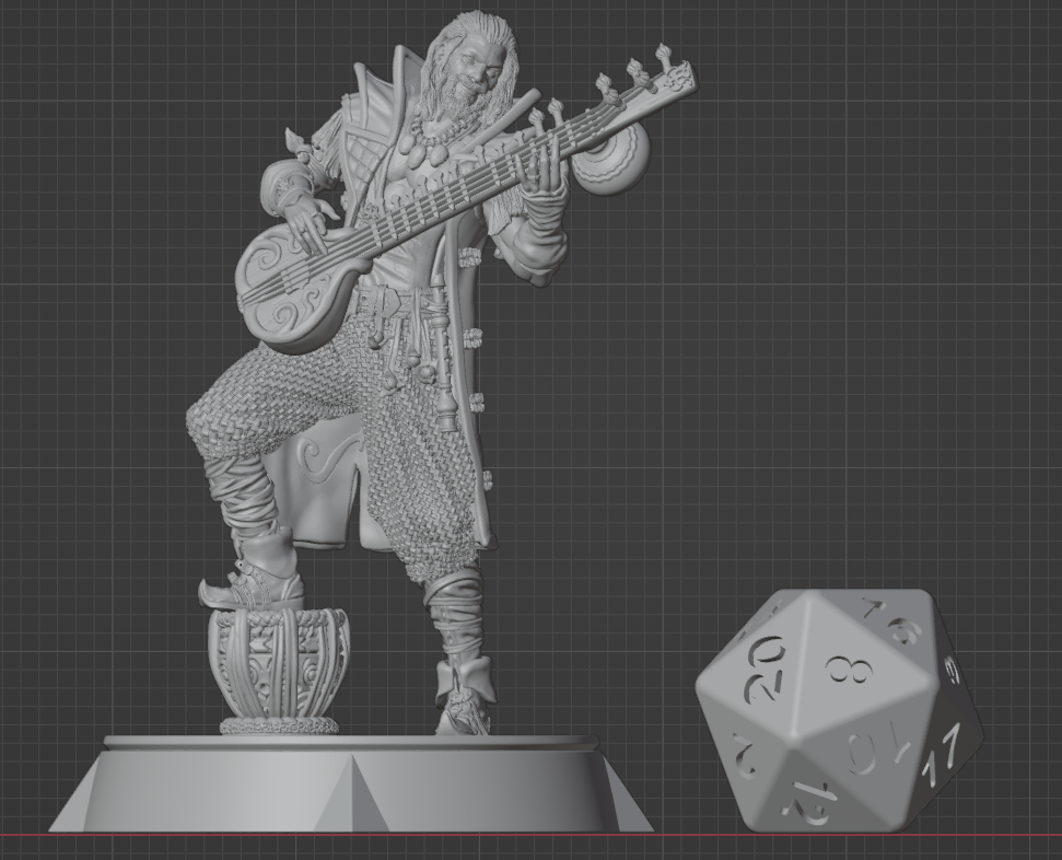 Human Bard miniature with cittern shown beside a standard D20 die for scale, compatible with 32mm tabletop RPGs. | Helios Tabletop