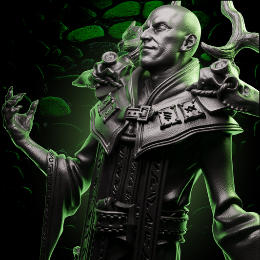 Human Warlock miniature holding a horned staff in detailed robes, ideal for dark spellcasters in fantasy tabletop RPGs. | Helios Tabletop