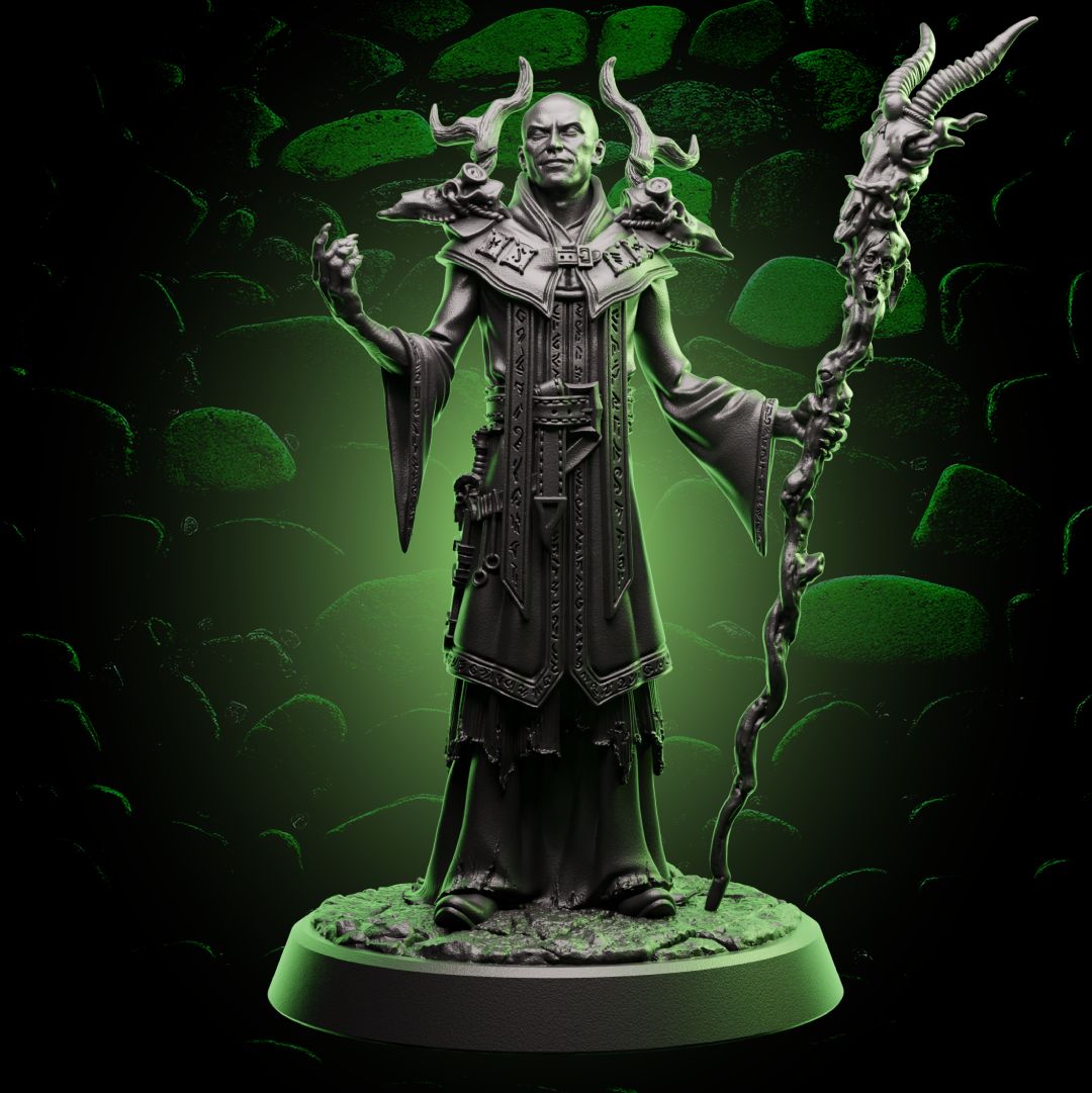 Front view of Human Warlock miniature in arcane robes with a sinister staff, perfect for 32mm scale roleplaying games. | Helios Tabletop