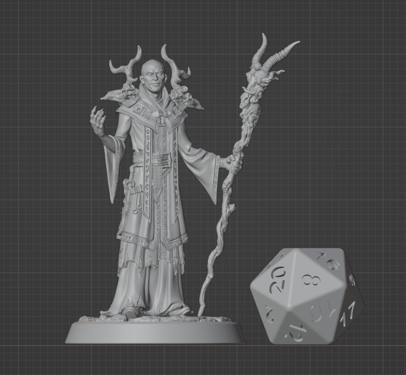 Human Warlock miniature with ornate staff shown next to a D20 for scale, compatible with 32mm fantasy TTRPGs. | Helios Tabletop