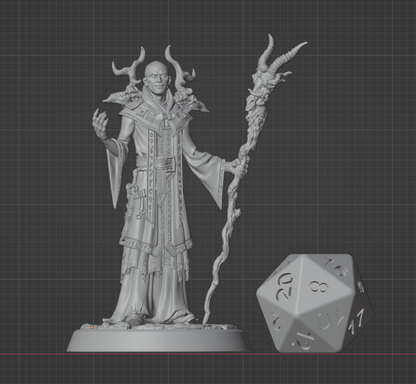 Human Warlock miniature with ornate staff shown next to a D20 for scale, compatible with 32mm fantasy TTRPGs. | Helios Tabletop