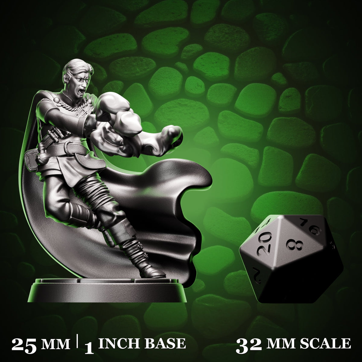 Human Sorcerer - Magic Missile shown beside a d20 for scale