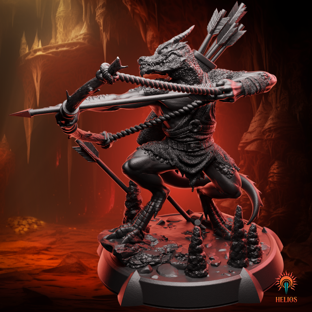 Kobold archer miniature in dynamic pose, designed for fantasy battle scenarios and roleplaying encounters. | Helios Tabletop