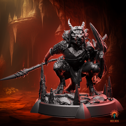 Ferocious kobold warrior miniature with shield and spear, designed for fantasy skirmishes and dungeon ambushes. | Helios Tabletop