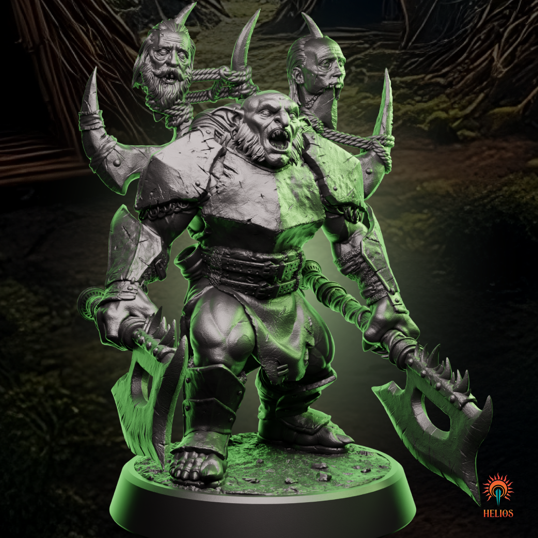 Krugor the Decapitator, a fierce goblin captain miniature wielding massive cleavers, ready to lead the ambush in your next D&D campaign | Helios Tabletop