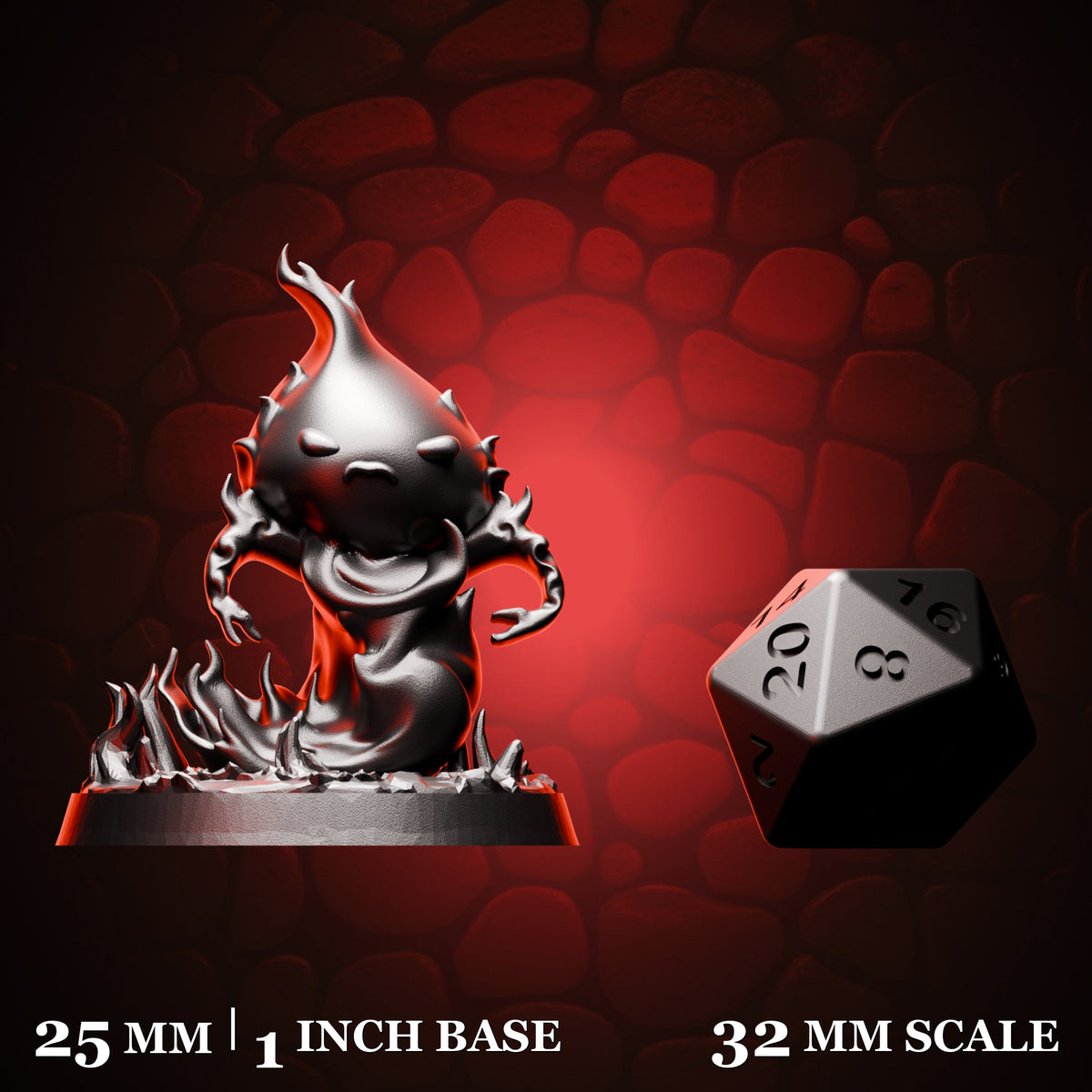 Lesser Fire Elemental shown beside a d20 for scale