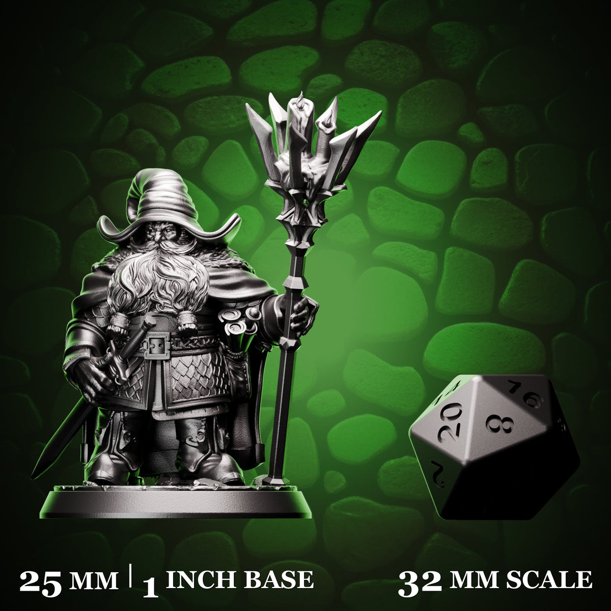 Dwarf Wizard - Staff & Sword shown beside a d20 for scale