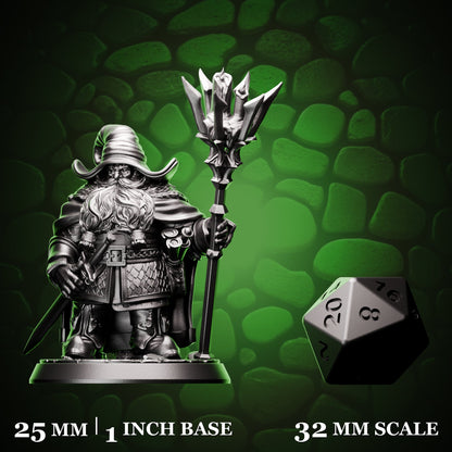 Dwarf Wizard - Staff & Sword shown beside a d20 for scale