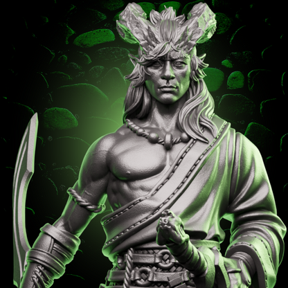 Tiefling Fighter miniature with dual swords featured in dynamic fantasy setting, perfect for tabletop RPGs. | Helios Tabletop
