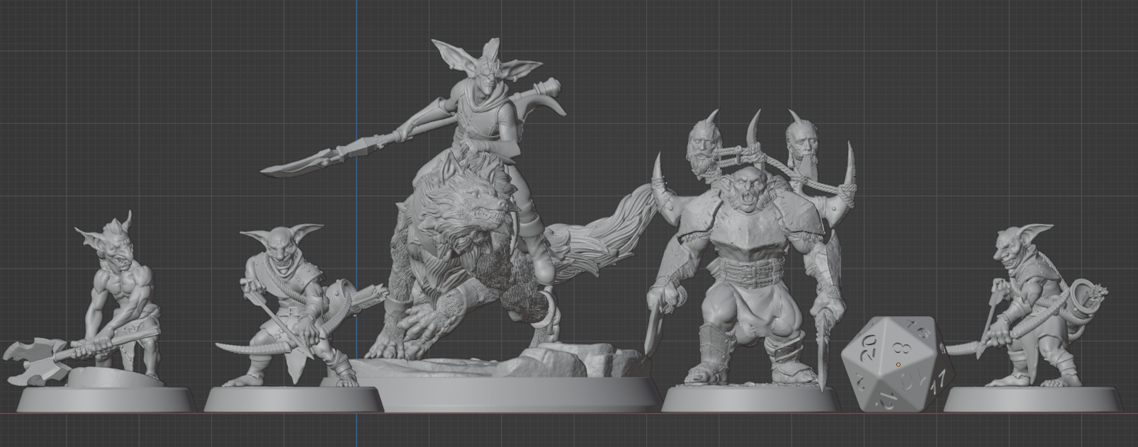 March of the Goblins Mythic Box miniatures displayed next to a standard D20 for scale, showcasing their detailed 3D-printed design. | Helios Tabletop