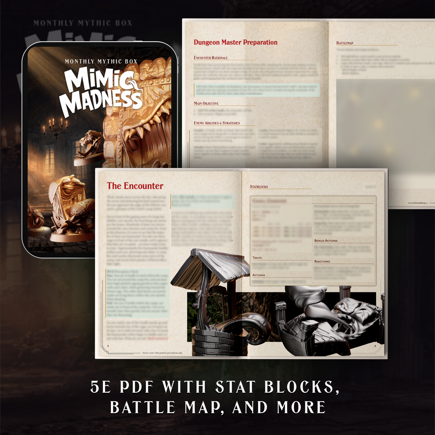 Gaming materials including a 'Mimic Madness' box and game documents on a dark background.