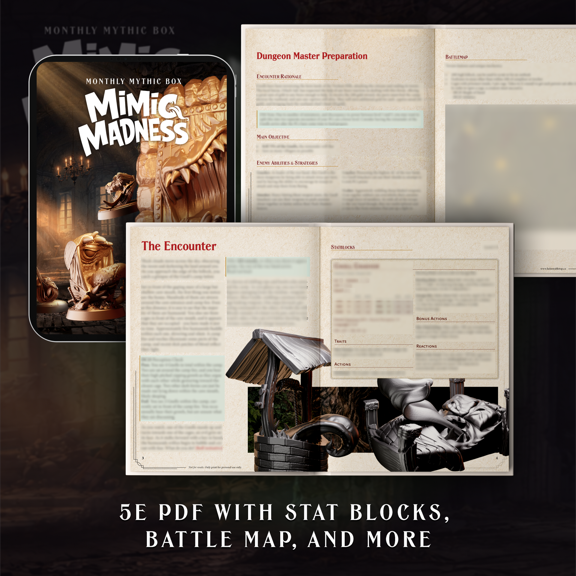 Gaming materials including a 'Mimic Madness' box and game documents on a dark background.