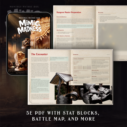 Gaming materials including a 'Mimic Madness' box and game documents on a dark background.