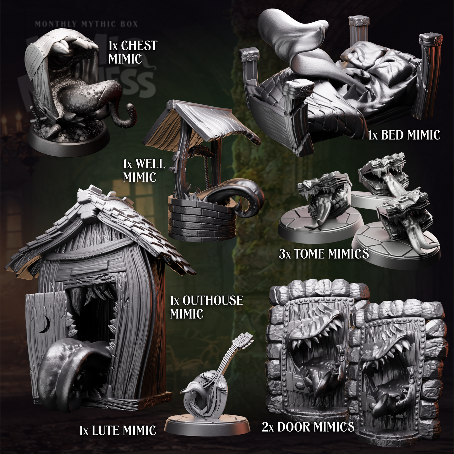 Collection of miniature figurines labeled with their names on a dark background