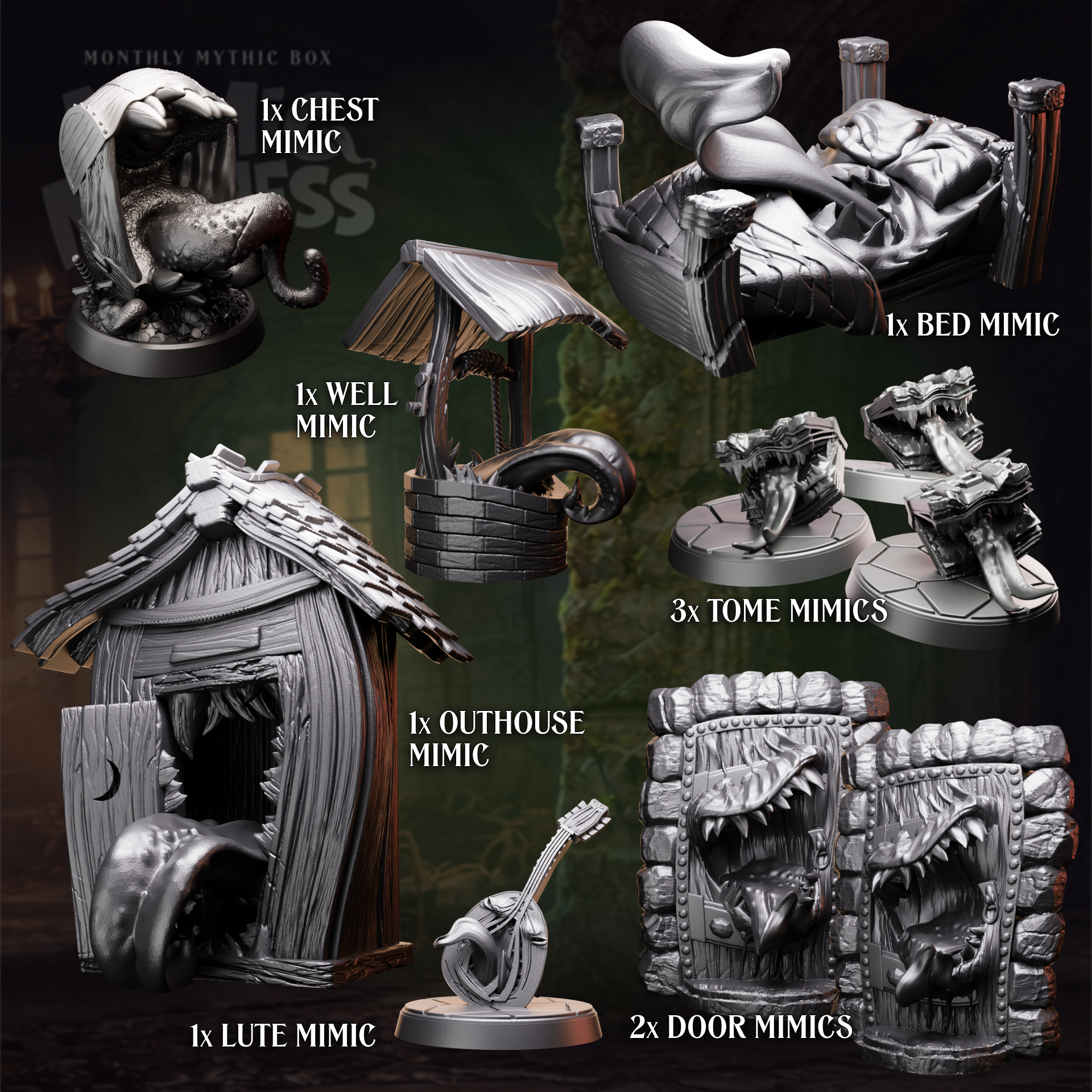 Collection of miniature figurines labeled with their names on a dark background