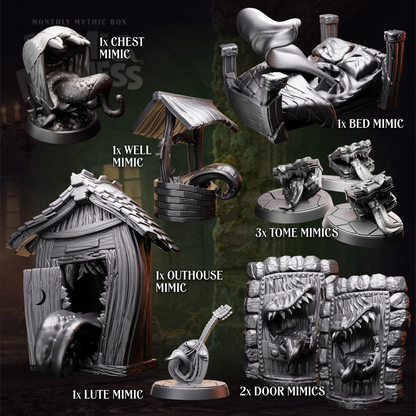 Collection of miniature figurines labeled with their names on a dark background