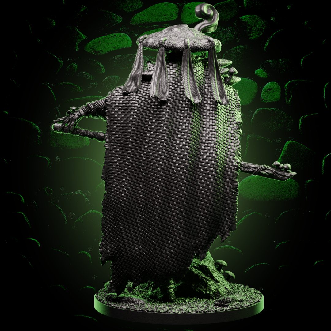 Back view of Mycelian Fighter miniature showing detailed mushroom cloak and organic armor sculpting. | Helios Tabletop