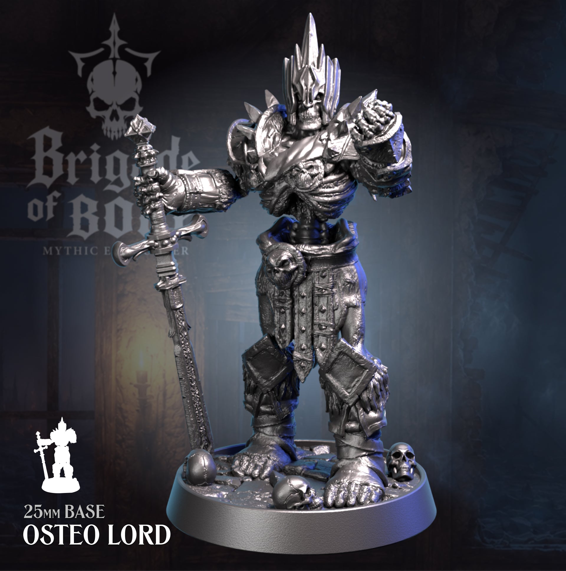 A 25mm base Osteo Lord miniature figurine from Brigands of Bone, shown in detailed silver armor holding a sword, on a dark themed background with brand logos. Heavily armored Skeleton 