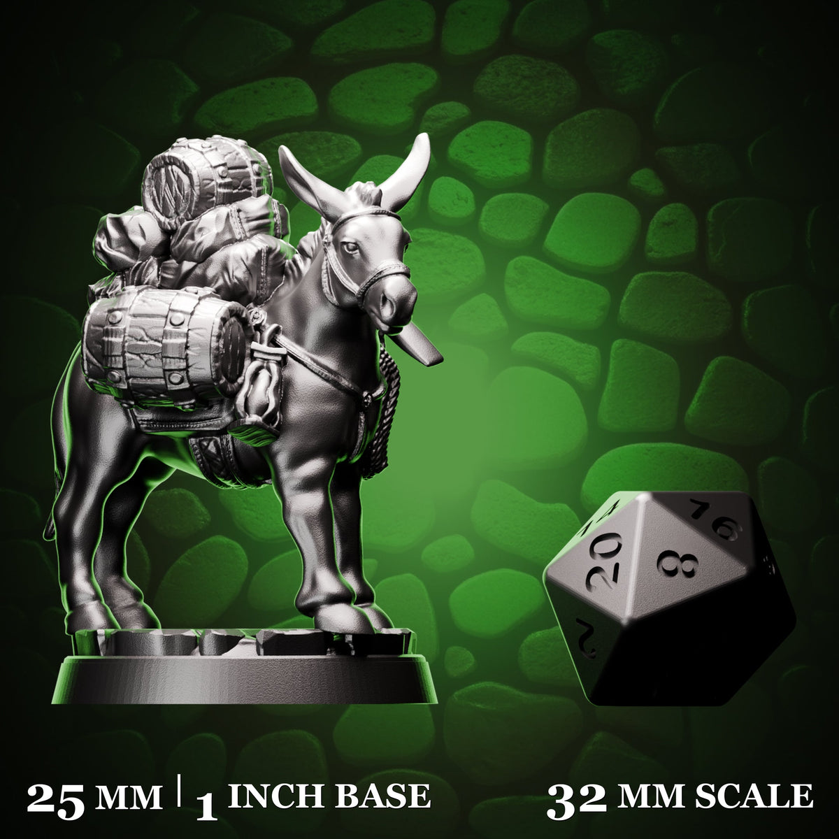 Pack Mule shown beside a d20 for scale
