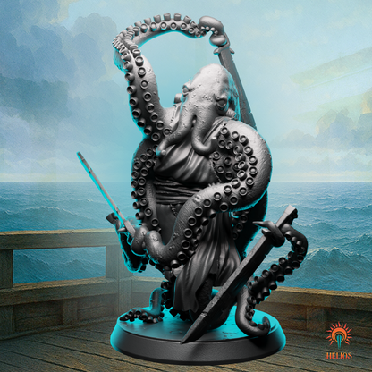 Octopus warrior miniature with multiple sowrd, designed for D&D sea adventures, underwater enemy encounters, or pirate-themed NPCs.