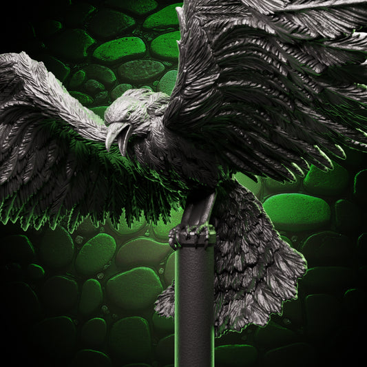 Close-up of raven familiar miniature mid-flight with wings spread and beak open, detailed feathers – resin mini for RPGs.