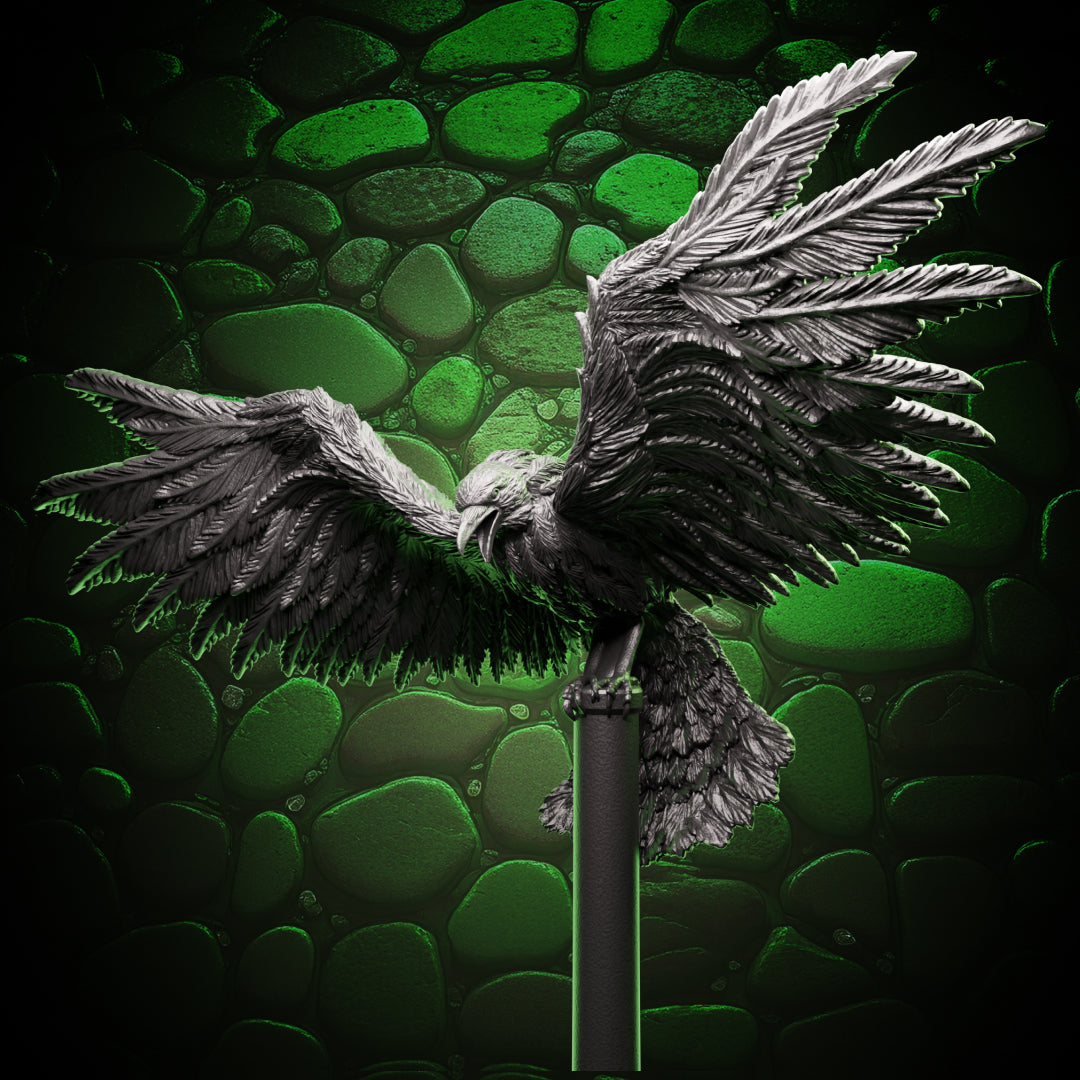 Front view of raven familiar miniature in flight, perched on a flight stand with wings extended – fantasy resin mini for D&D and Pathfinder.