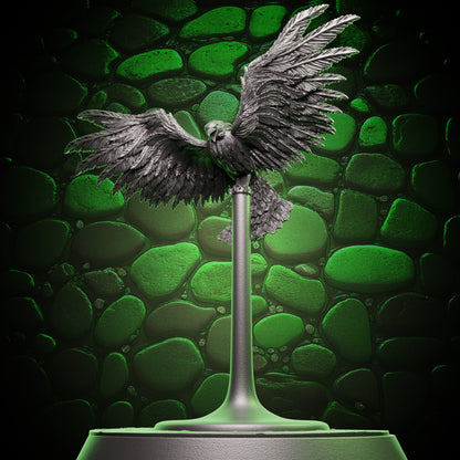 Full view of raven familiar miniature in flight, perched on a flight stand with wings extended – fantasy resin mini for D&D and Pathfinder.