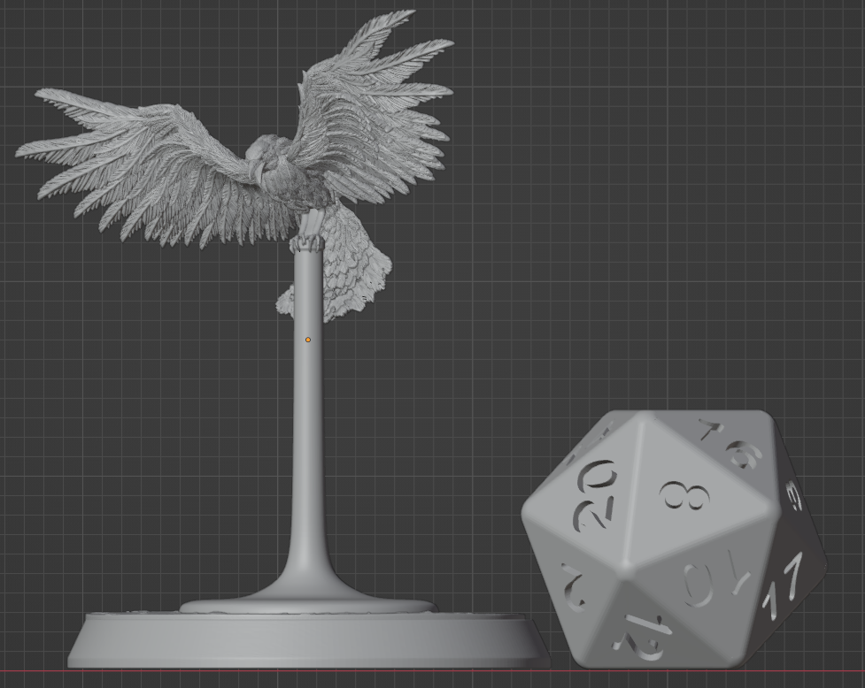 Raven familiar miniature with wings spread wide on a clear flight stand, shown beside a D20 dice for scale – resin mini for Dungeons & Dragons and tabletop RPGs.