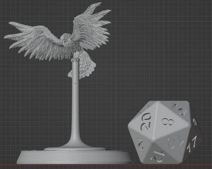 Raven familiar miniature with wings spread wide on a clear flight stand, shown beside a D20 dice for scale – resin mini for Dungeons & Dragons and tabletop RPGs.