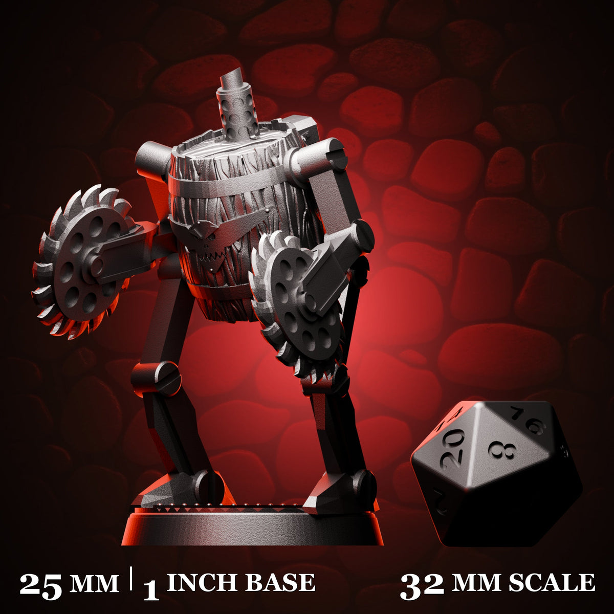 Razorblade Droid shown beside a d20 for scale